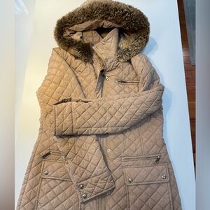 Calvin Klein Quilted Beige Puffer Coat with Faux Fur Hood